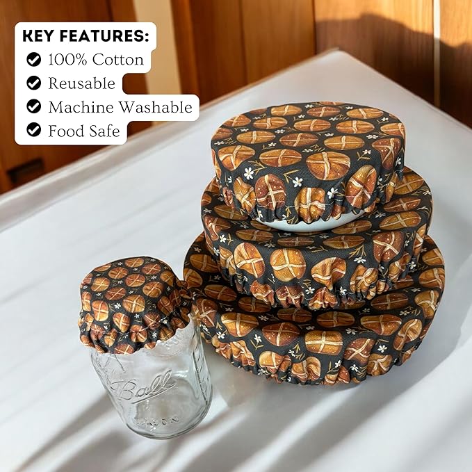 (4-Pack) Sourdough Reuseable Jar & Bowl Covers | Cute Baking Gift | 100% Cotton (3.7in, 7in, 9.25in, 11in) | Washable | Bread Making and Proofing | Kitchen Food Storage Gifting | Starter Cover Lid Kit