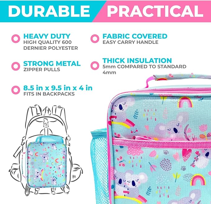 kinsho Bento Lunch Box with Water Bottle, Insulated Bag & Ice Pack Set for Kids Toddlers Girls, 4 Portion Sections, Removable Tray, Pre-School Kid Toddler Daycare Lunches, Snack Container, Pink Koala