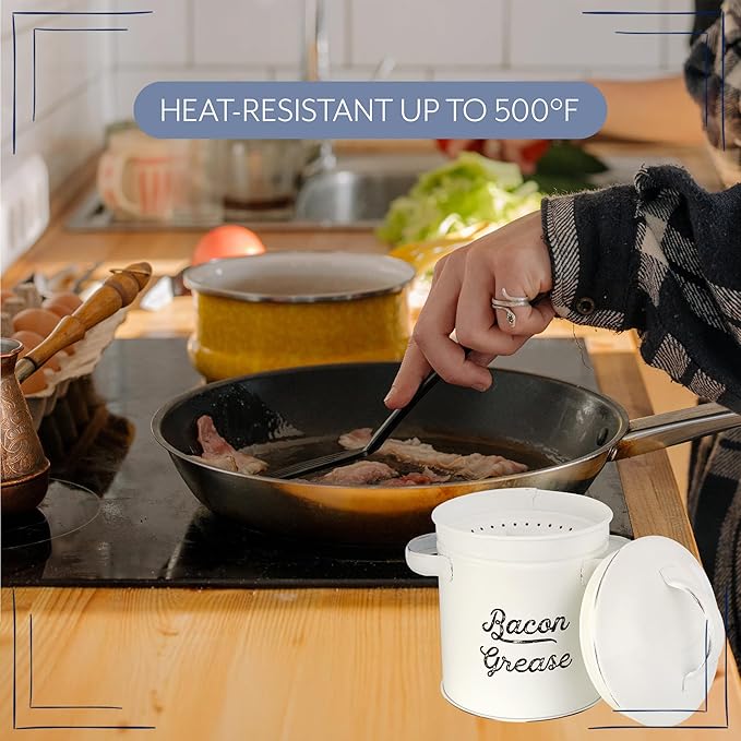 AuldHome Design Grease Container, White Enamelware Bacon Grease Can w/Strainer, Farmhouse Style, Keto-Friendly