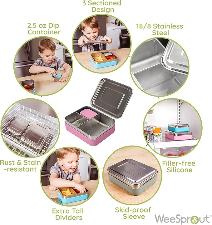 WeeSprout 18/8 Stainless Steel Bento Box (Compact Lunch Box) - 3 Compartment Metal Lunch Containers, for Kids & Adults, Bonus Dip Container, Fits in Lunch Bag & Backpack