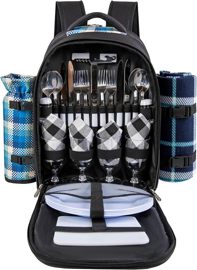 apollo walker Picnic Backpack Bag with Cooler Compartment, Detachable Bottle/Wine Holder, Fleece Blanket, Plates and Cutlery Set (4 Person, Black)