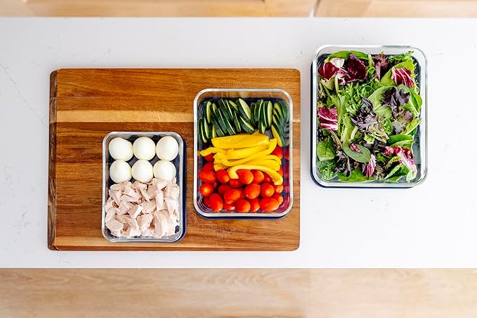 12-Piece Glass Food Storage Containers Set (6 Containers + 6 Lids) |Rectangular, Nesting, Microwave & Dishwasher Safe |BPA-Free, Space-Saving | Blue Lids for Pantry & Kitchen Organization