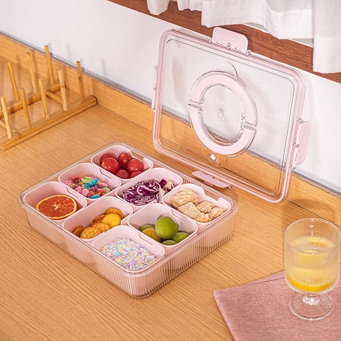 Patent Design Ribbed Snackle Box Container Divided Serving Tray with Lid and Handle -Charcuterie Container Portable Storage Organizer for Candy, Fruit, Beach, Picnics(1 pcs, Pink