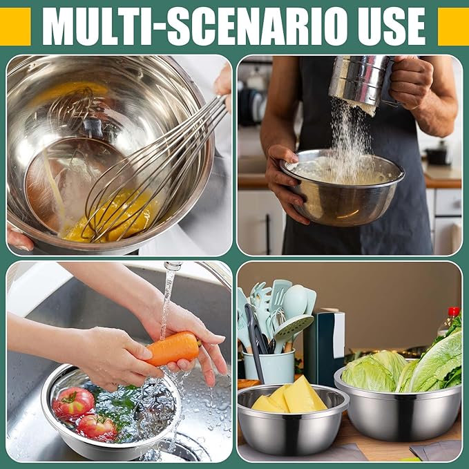 Tioncy 4 Pcs 304 Stainless Steel Microporous Colander with Mixing Bowl 2 QT & 4 QT Rice Strainer Fruit and Vegetables Washer Strainer Bowl for Draining Cooked Pasta, 2 Sizes