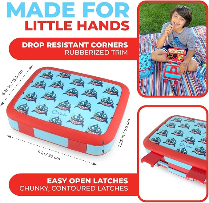 kinsho Lunch Box for Kids Toddlers Boys, BPA Free, Removable Tray, Pre-School Kid Daycare Lunches Snack Container Ages 3 to 5, Baby Blue Shark
