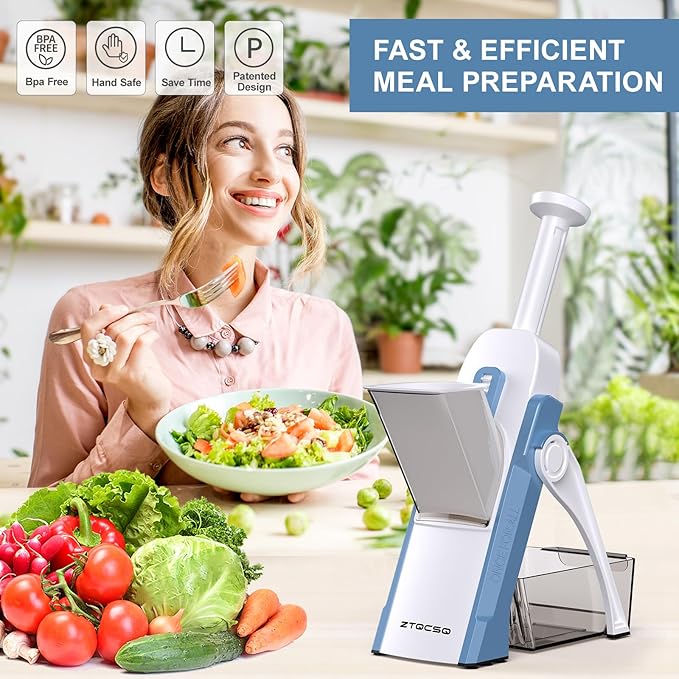 5 in 1 Safe Mandoline Slicer for Kitchen, Safe Vegetable Chopper with Paring Knife, Adjustable Thickness, Easy to Clean, Vegetable Slicer, Slicing, Strips, Shredding, Dicing, Chop (Haze Bluen)