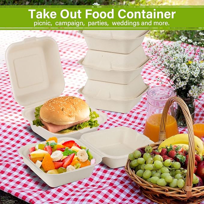 greensight Compostable Take Out Food Container 6X6, 100 Pack Disposable Clamshell Food Containers, To Go Boxes Heavy Duty, Biodegradable Made From Sugarcane Fibers