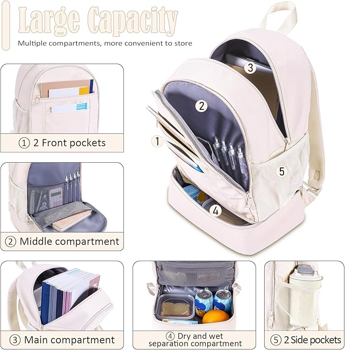 NOL Natural Organic Lifestyle Kids 2-in-1 Backpack & Insulated Lunch Bag-16 Multi-Functional Large Compartments Backpack for School & Travel, Double Deck, Water Resistant, Leak-proof, Padded (Cream)