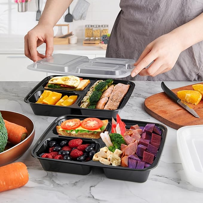 MUCHII 32 oz 3 Compartment Meal Prep Containers With Lids 20 Count To Go, Plastic Disposable Food Containers Microwave and Freezer Safe
