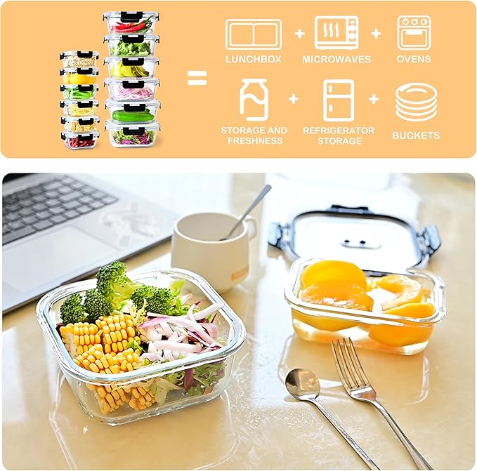 24 Piece (12 Food Storage Containers and 12 Lids),17.6+40.6 OZ Black Glass Storage Containers With Lids,Square Glass Meal Prep Containers,Microwaveable,Meal Preparation,Storage Containers