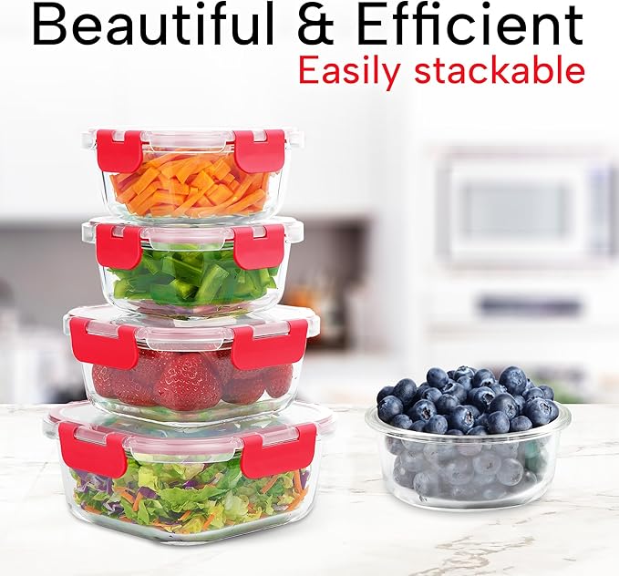 Zulay Kitchen 12 Pack Glass Meal Prep Containers with Lids - Airtight, Premium Borosilicate Glass Food Storage Containers - Microwave, Freezer & Oven Safe, BPA Free - Red