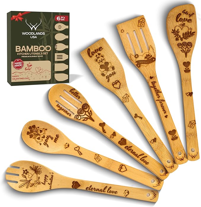 Valentine's Day Gifts for Her – Wooden Spoons for Cooking, Bamboo Kitchen Utensils Set, Unique Valentine's Day Gifts for Women, Romantic Gift Idea for Wife, Girlfriend, or Mom, Practical & Stylish