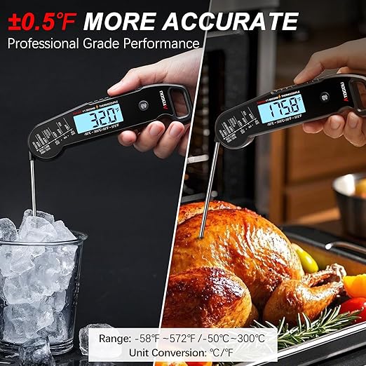 Professional Food & Meat Thermometer, 1 Sec Instant Read & ±0.5℉ Accuracy Driven by Thermocouple Sensor. IP67 Waterproof Digital Thermometer for Cooking, BBQ, Grilling. Gifts for Him Dad. Black