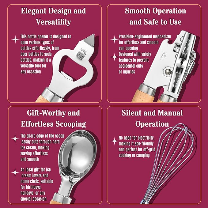 10-Piece Wooden Handle Kitchen Utensils Set, Stainless Steel Cooking Utensils Set, Ergonomic Design, Durable and Comfortable Grip With Knife Sharpener, Garlic Press, Can Opener, Pizza Cutter