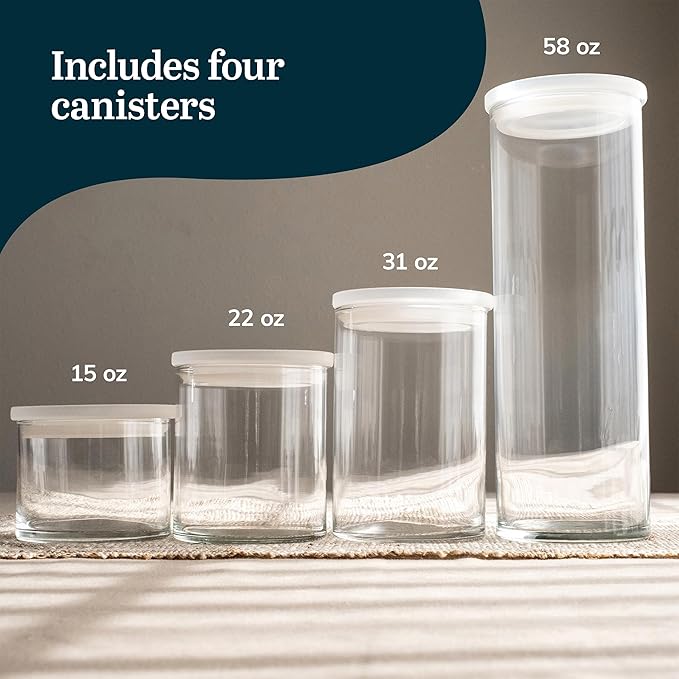 Libbey Stacking Cylinder Assorted Storage Jars, Stackable Glass Jars Set of 4, Airtight Plastic Lids, Dishwasher Safe Food Jars for Storing Dry Goods