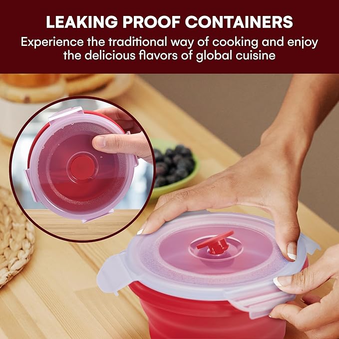 Collapsible Food Storage Containers with Lids - 13.5oz/0.4L Silicone Collapsible Bowl Sets with Airtight Lid - Round Silicone Food Containers Microwave, Freezer, and Dishwasher Safe - Set of 3, Red