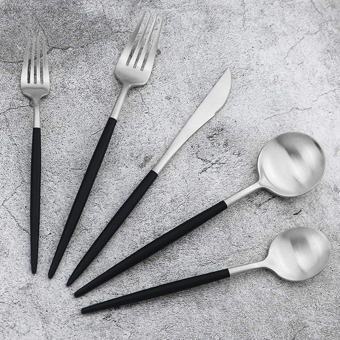 Black Handle Matte Silver Silverware Set - 5-Piece 18/10 Stainless Steel Satin Finish Flatware, Kitchen Utensils, Tableware Travel Cutlery for Camping Office Lunch - Dishwasher Safe