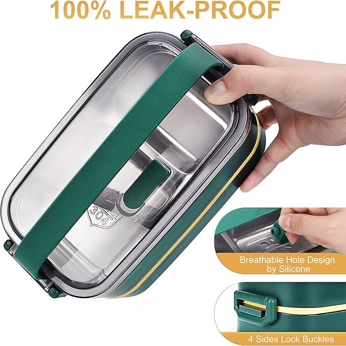Stainless Steel Bento Box for Adults&Kids,Japanese Leakproof Lunch Box Divided Food Meal Storage Containers Set Stackable 2 Layer for Children School Picnic Green