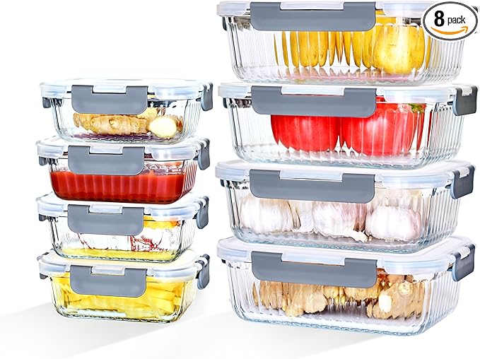 16 Piece Glass Storage Containers With Lids - 12.5+35.1 OZ Black Rectangles for Meal Prep, Microwaveable, Frozen Storage
