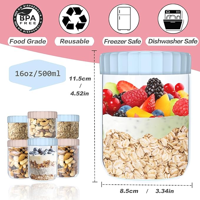 6 Pack 16Oz Glass Jars with Lids, Overnight Oats Containers with Lids, Wide Mouth Mason Jar Reusable Airtight Glass Food Storage Containers for Snacks Salad Yogurt Cereal Meal Prep Leak Proof