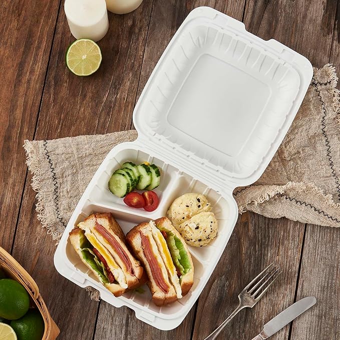 8X8 3Compartment 50Pack Plastic Clamshell Take Out Food Containers, Heavy Duty To-go Disposable Lunch Box Restaurant Meal Prep Packaging Catering Hinged Container (Formerly FULING)