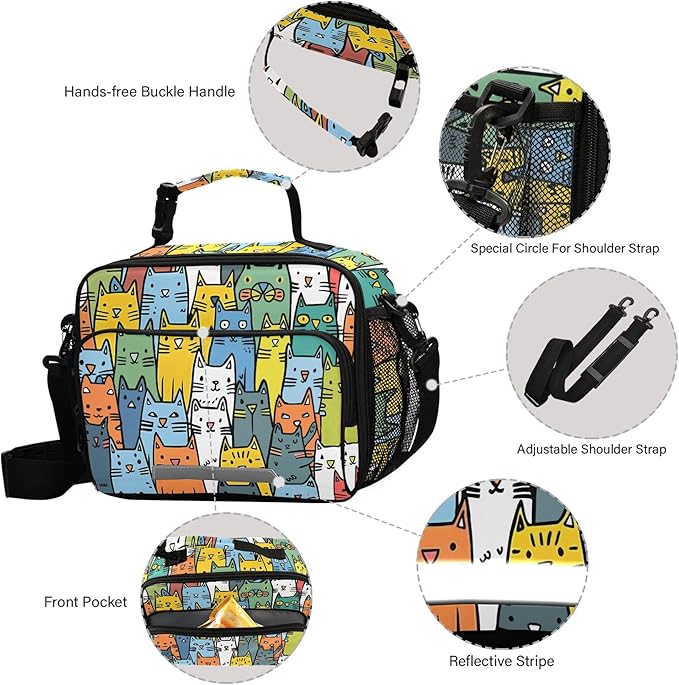 MNSRUU Student Lunch Bag Cute Cat Insulated DinnerTotes Picnic Bag Lunch Box with Adjustable Shoulder Strap for Teen Kids Adults