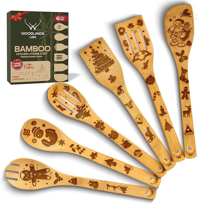 Woodlands-USA Christmas Kitchen Wooden Spoons For Cooking - Kitchen Utensils Set - Unique Women's Gifts For Christmas, Mom, Wife