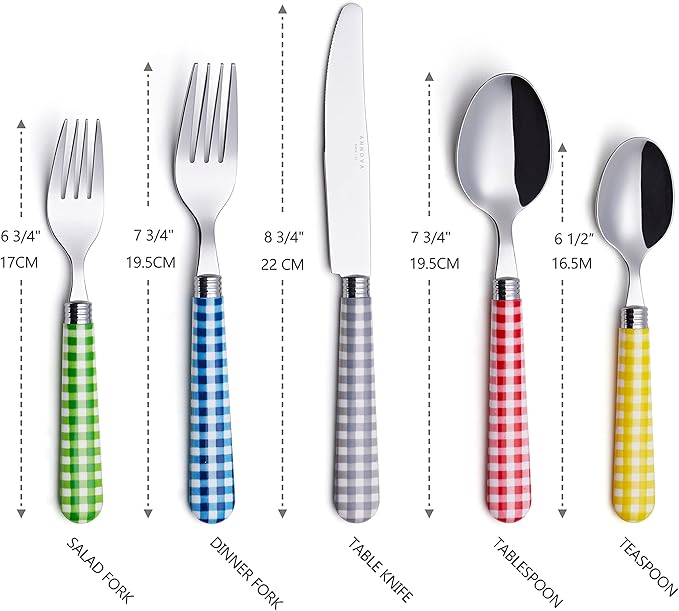 ANNOVA Silverware Set 20 Pcs Stainless Steel Cutlerty Color Handle Flatware -4xDinner Knife;4xDinner Fork;4xSalad Fork;4xDinner Spoon;4xDessert Spoon (Mix Color/Gingham Checkered Pattern)