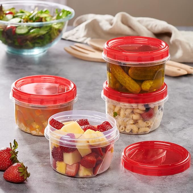 PLASTICPRO 12 Pack Twist Cap Food Storage Containers with Red Screw on Lid- 16 oz Reusable Meal Prep Containers - Freezer and Microwave Safe Red Plastic Food Storage