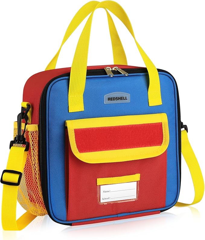 REDSHELL Tactical Lunch Box Kids, Large Insulated Lunch Bag for Boys Girls, Cooler Lunchbag, Square Toddler Lunchbox, School Daycare Lunch Tote Pail with Water Bottle Holder Shoulder Strap, Red Blue