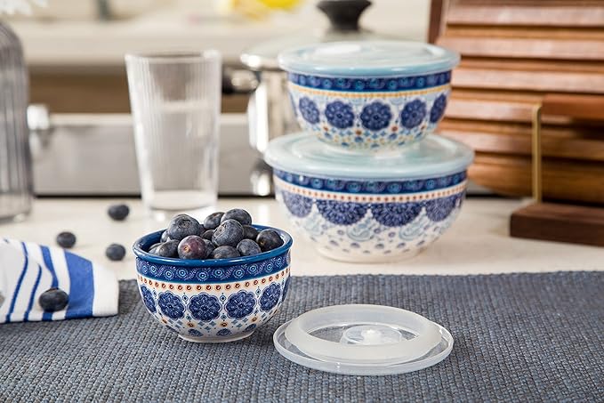 Bico Blue Talavera Ceramic Bowl with Air Tight Lid Set of 3(27oz, 18oz, 9oz each), Prep bowls, Food Storage Bowl for Salad, Snacks, Fruits, Microwave and Dishwasher Safe
