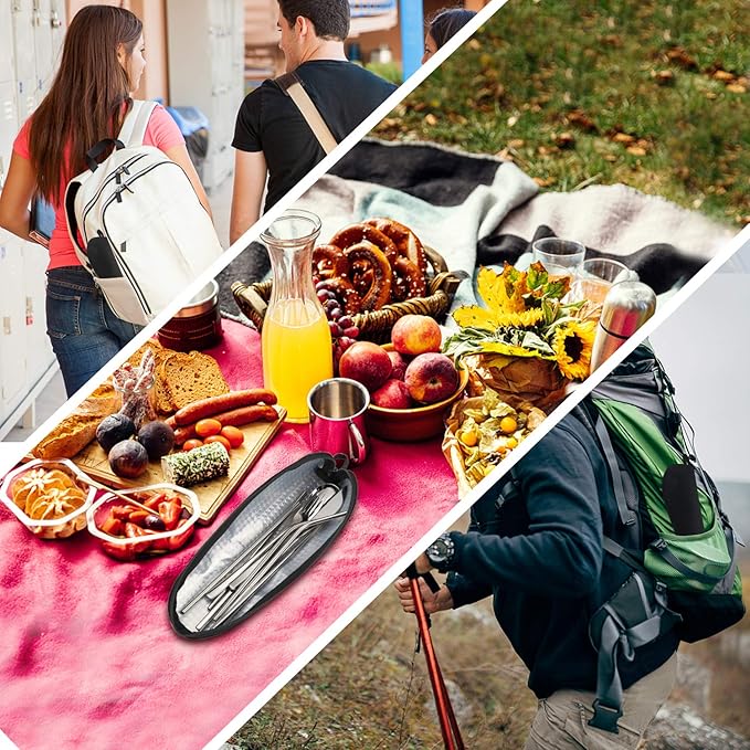 Travel Utensil Sets Carrying Case Portable Cutlery Set Pouch Reusable Silverware Set Bag Stainless Steel Straws Pouch Chopsticks Knife Fork and Spoon Holder for Office Bento Lunch Box, Black, Aosbos