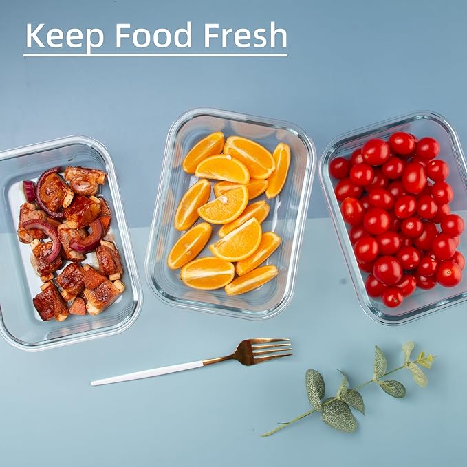 Glass Meal Prep Containers with Lids(5 Pack, 34oz), Glass Food Storage Containers for Lunch at Work, Leak-proof Food Containers, Microwave/Dishwasher Safe