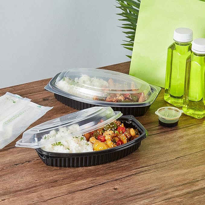 RW Base 21 Ounce Meal Prep Containers, 50 Microwavable To Go Containers With Lids - Disposable, Freezable, Black Plastic Oval Food Containers, Pack Hot And Cold Food, For Takeaway - Restaurantware
