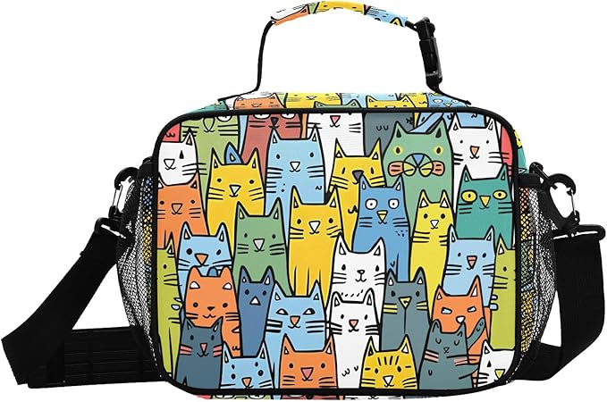 MNSRUU Student Lunch Bag Cute Cat Insulated DinnerTotes Picnic Bag Lunch Box with Adjustable Shoulder Strap for Teen Kids Adults