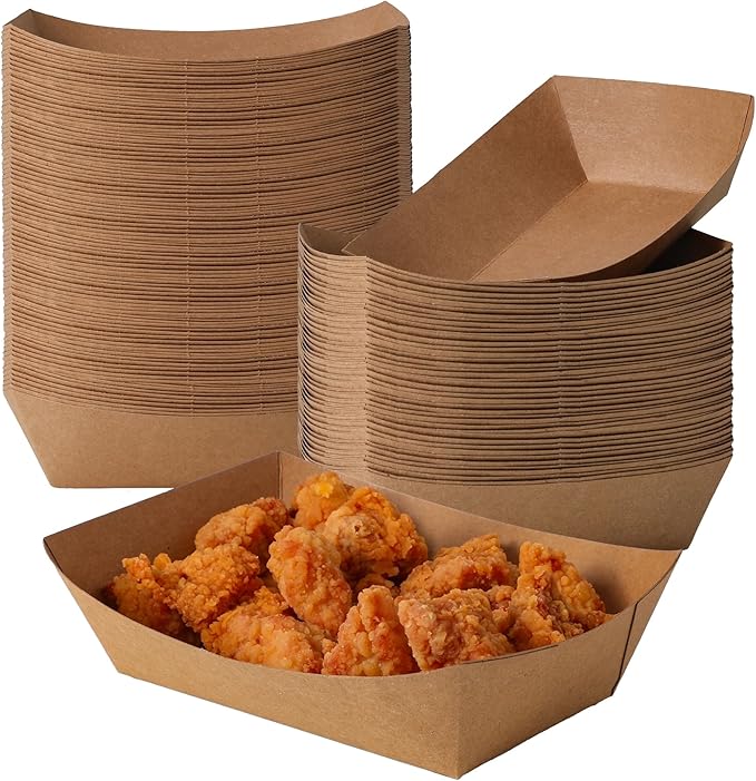 Fit Meal Prep [250 Pack 2 lb Paper Food Boats Heavy Duty Disposable Food Trays, Kraft Brown Nacho Tray for Parties Fairs Picnics Carnivals Holds Tacos Nachos Fries Hot Dogs Grease Resistant