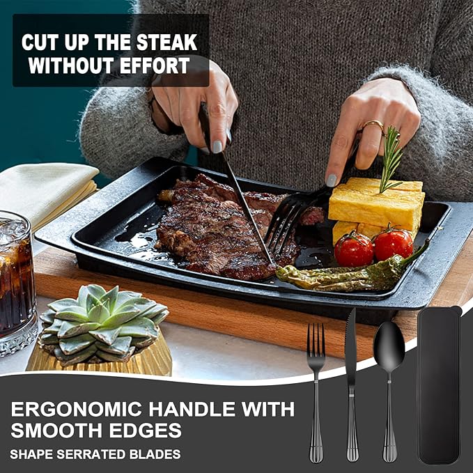 Portable Utensils Set With Case - 18/8 Stainless Steel Spoon and Fork Set for Travel, Camping, Office, Lunch Box - 3 PCs Steak Knife Included - Dishwasher Safe