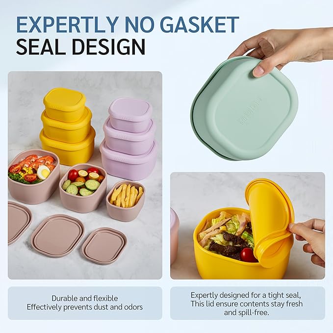 ISSEVE 6Pcs/Set Nesting Silicone Food Storage Containers with Lids, BPA Free Reusable Meal Prep Silicone Containers Lunch Box Bento Box Set (33.8oz, 20oz, 10oz, 6.7oz, 1.3oz) (Yellow)