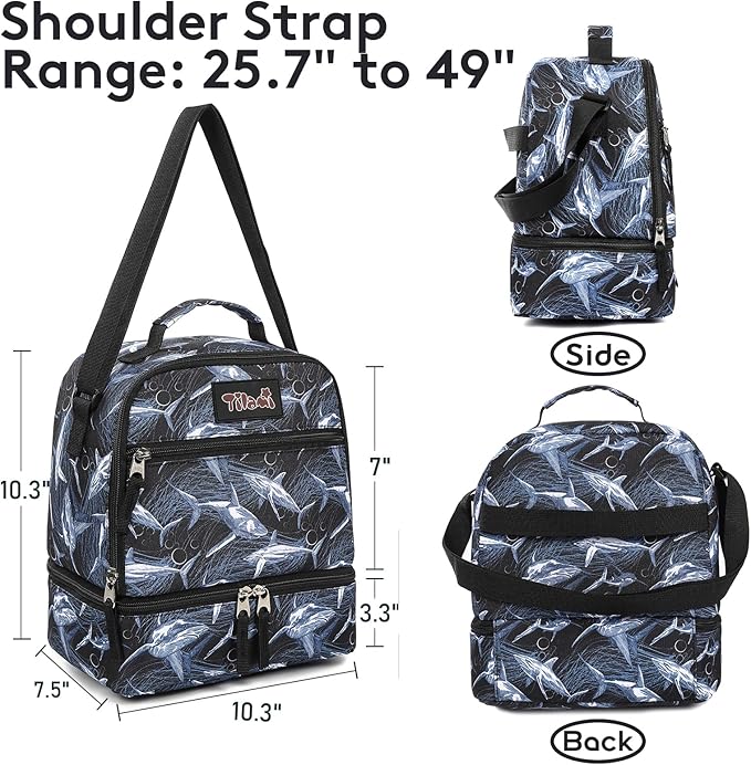 Tilami Lunch Bags Insulated Adjustable Strap Zipper, Water-Resistant Cooler Bags, Bento Bags for Kids Toddlers (Shark)