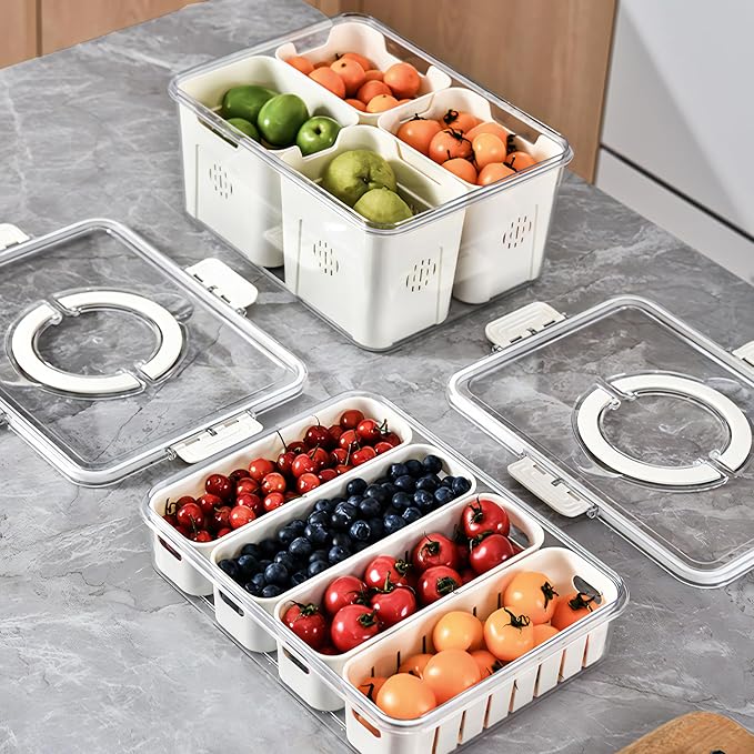 MineSign 2Pack Divided Snackle Box with Lids Stackable Food Serving Tray for Fruit&Veggie Plastic Fridge Storage Container for Pantry Freezer Clear Snack Box for Meal Prep Candy Nuts Spice