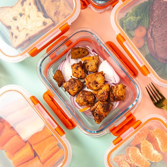 10 Pack Glass Food Storage Containers with Airtight Lids, Ideal for Meal Prep, Lunches - Microwave and Dishwasher Safe, Orange