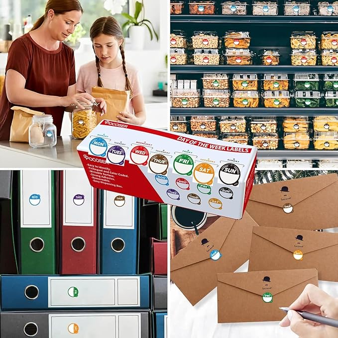 Label Stickers for Food Containers with Dispenser Box, Removable Day Dot Food Labels Peel Tab 7 Day of The Week for Home Freezer Restaurant Supplies Week Monthly Planners Meal Prep Accessory