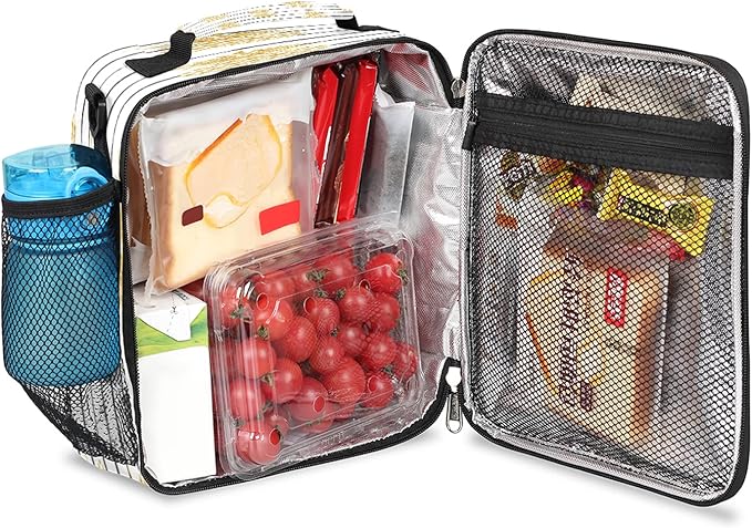 Golden Pineapple Kids Lunch Box Stripe Insulated Lunch Bag Tote for Girls Boys Cooler Freezable Meal Prep Bag with Shoulder Strap Waterproof Lunch Container for School Office Picnic
