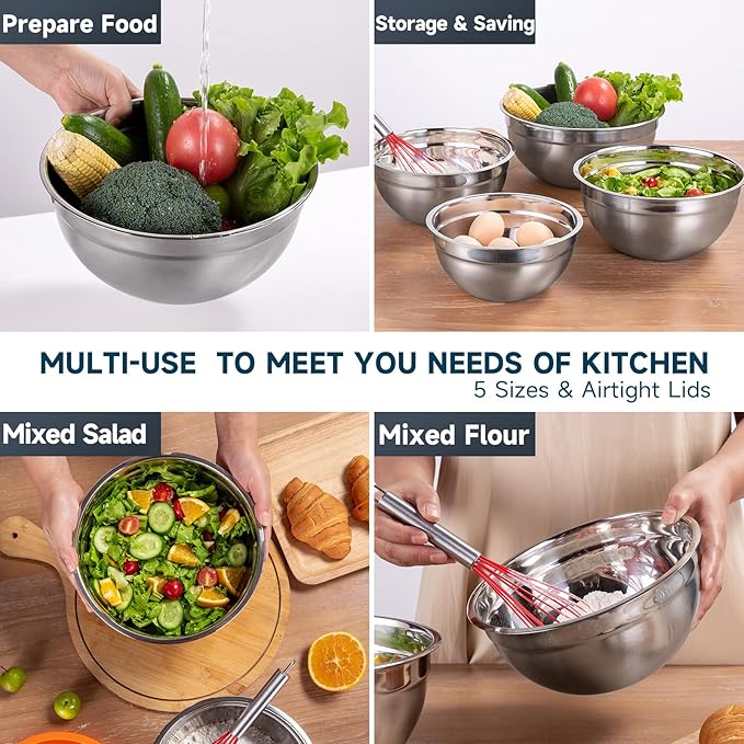 Mixing Bowls Set of 5,Stainless steel Nesting Bowls with Airtight Lids,Size 5, 4, 3.5, 2, 1.5QT for Baking,Cooking,Prepping and Saving Food (BLACK, 5PCS)