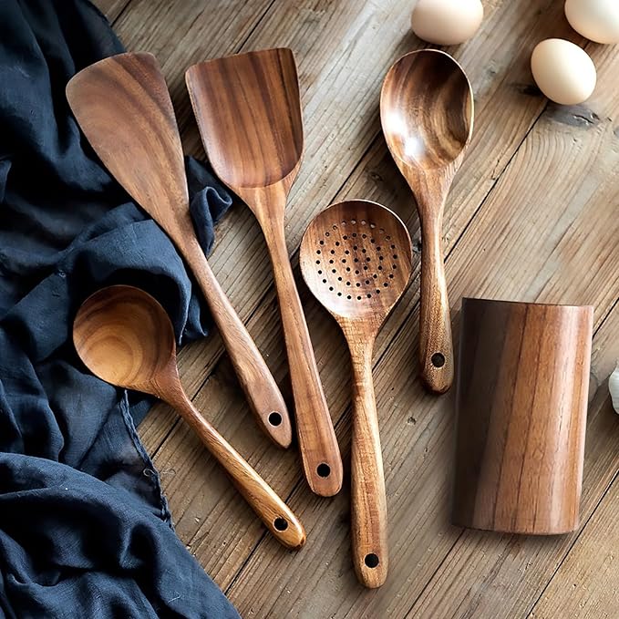 6 PCS Wooden Cooking Utensils Set, Wooden Spoons for Cooking, with Utensils Holder, Comfort Grip, Ideal for Nonstick Cookware