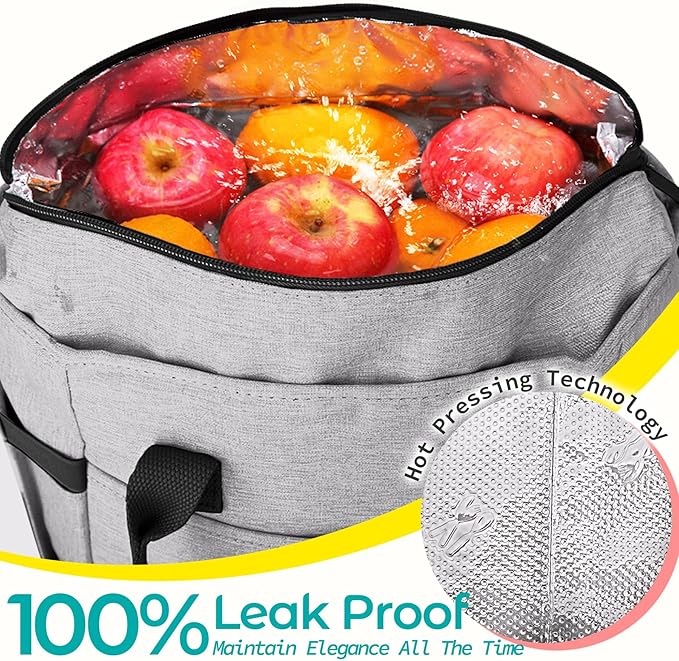 KIPBELIF Cute & Roomy Lunch Box for Women – Adults Large Insulated Lunch Bag with Shoulder Strap, Multi-Pockets, and Water Bottle Holder for Work, Picnic, and Outdoors (Extra Large Size, Gray)