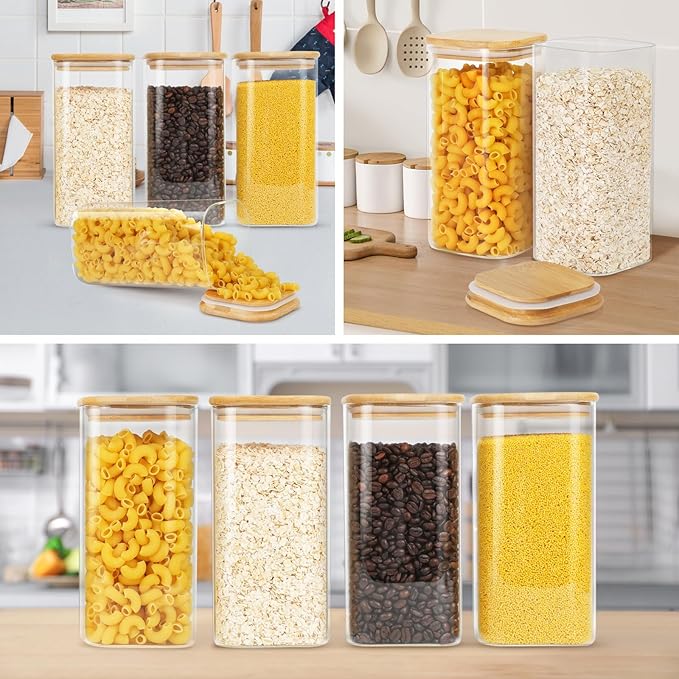 Glass Jars with Bamboo Lids 34 FL OZ, 8 Pack Glass Canisters with Airtight Lid, Square Glass Kitchen Storage Containers for Pasta, Cereal, Coffee, Flour, Sugar, Oats, Beans