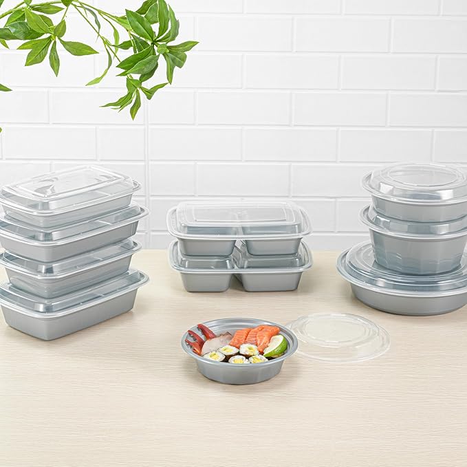 Restaurantware Asporto 16 Ounce Round Take Out Containers, 100 Food Containers With Lids - Microwavable, Disposable, Silver Plastic To Go Food Containers, No BPA, For Take Out And Delivery