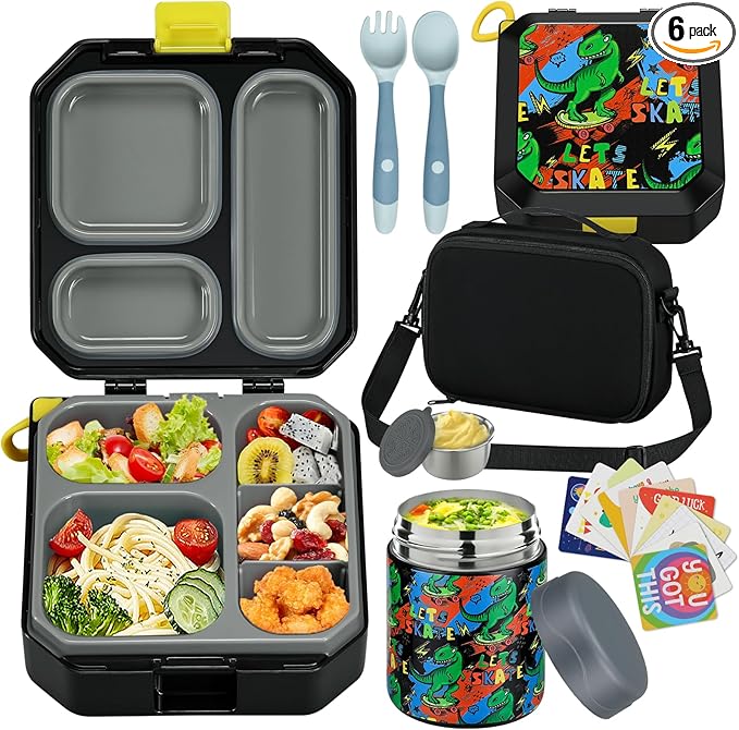 Bento Lunch Box for Kids with 12oz Soup Thermo Leak-Proof Lunch Food Container with 5 Compartment Thermo Hot Food Jar and Insulated Lunch Bag for Kid Toddler Girls Boys to School