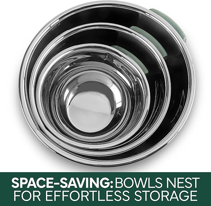 COOK WITH COLOR Stainless Steel Mixing Bowls Set and Measuring Cups- Nesting Bowls with Non-Slip Bottom and Easy-Grip Handles, Sage, 11 Pieces